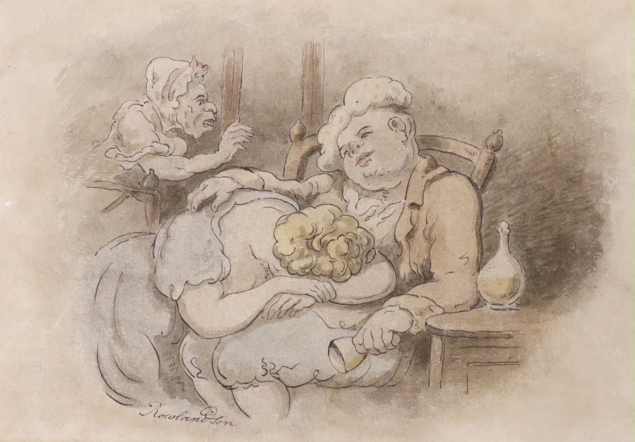 Thomas Rowlandson (1756-1827), ink and watercolour, 'The Drunkard', signed with Bootle Art Gallery Exhibition label verso, 20 x 30cm